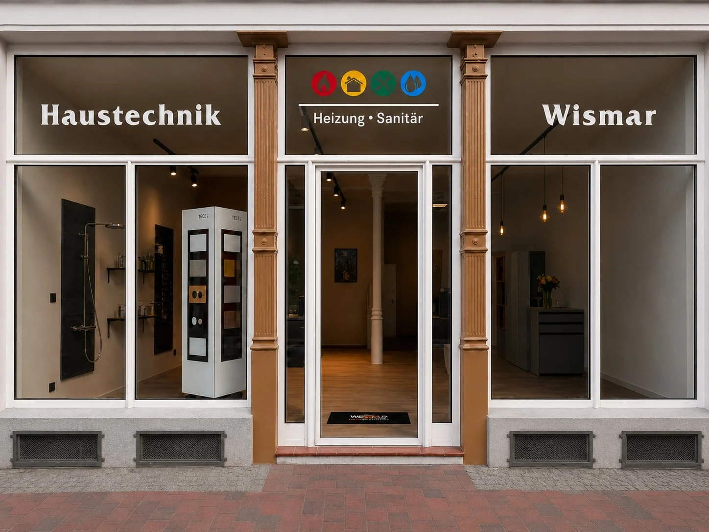 Eingang der Haustechnik Wismar Ausstellung in der Wismarer Innenstadt
